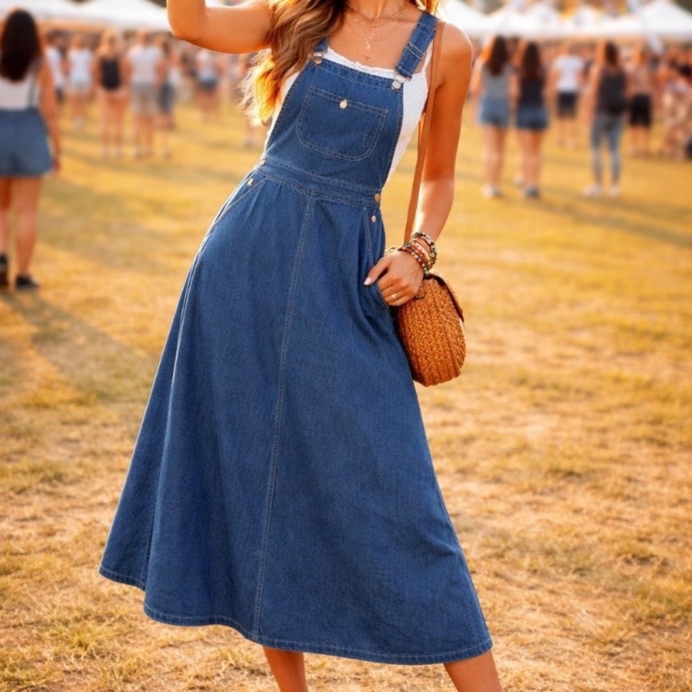 Pointer Brand Denim Overall Dress Dark Wash Size 7 Midi Pinafore Workwear Womens